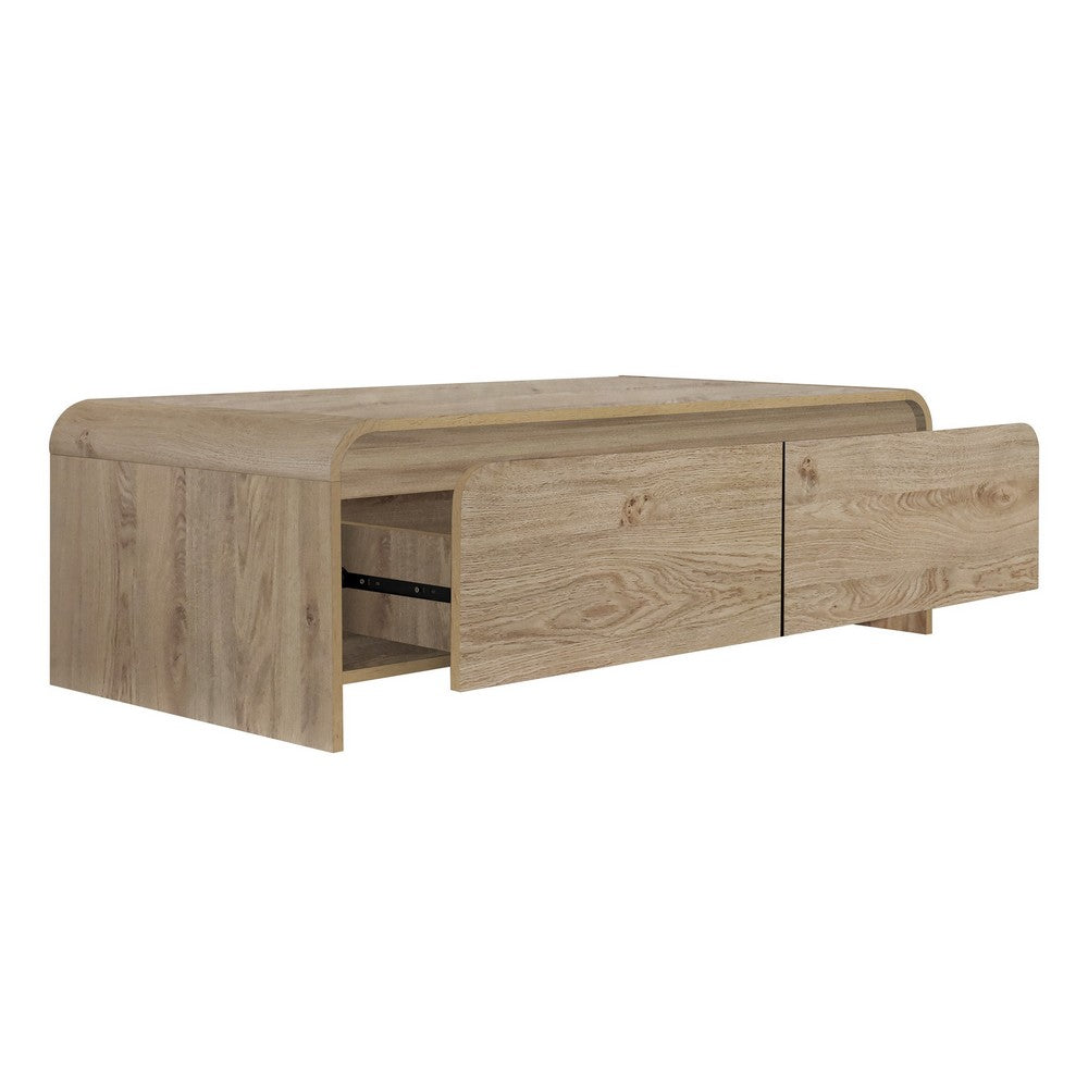 Benjara Maria Coffee Table, 2 Drawer And Waterfall Style, Beige Wood 47 Inch