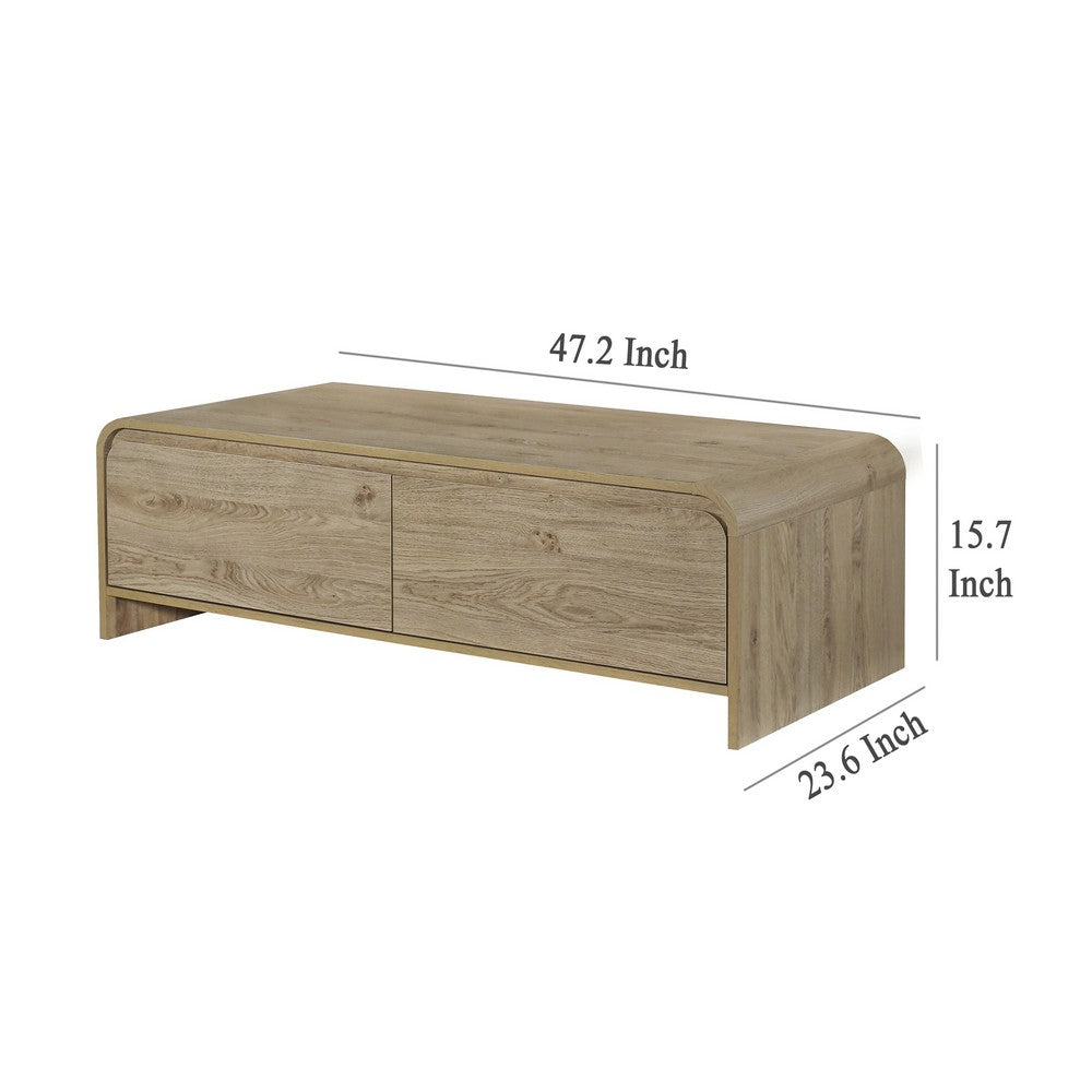 Benjara Maria Coffee Table, 2 Drawer And Waterfall Style, Beige Wood 47 Inch