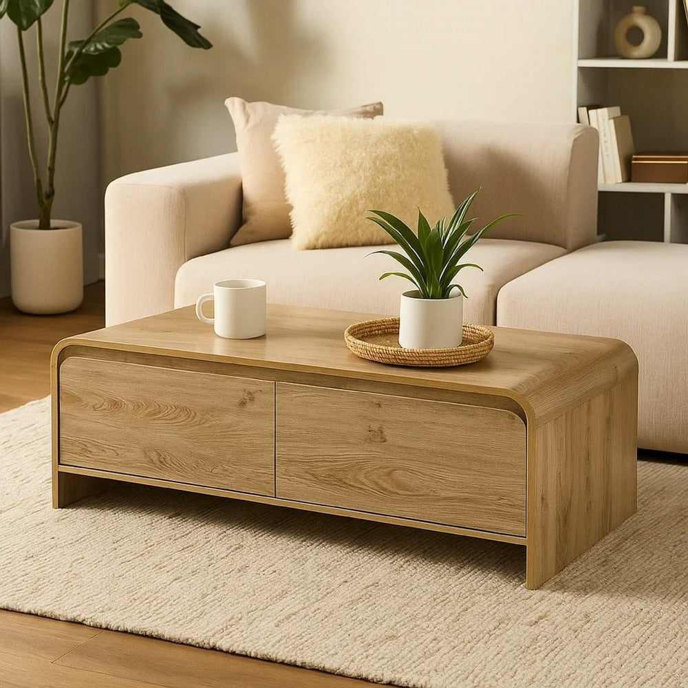 Benjara Maria Coffee Table, 2 Drawer And Waterfall Style, Beige Wood 47 Inch