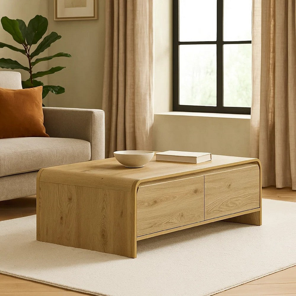 Benjara Maria Coffee Table, 2 Drawer And Waterfall Style, Beige Wood 47 Inch