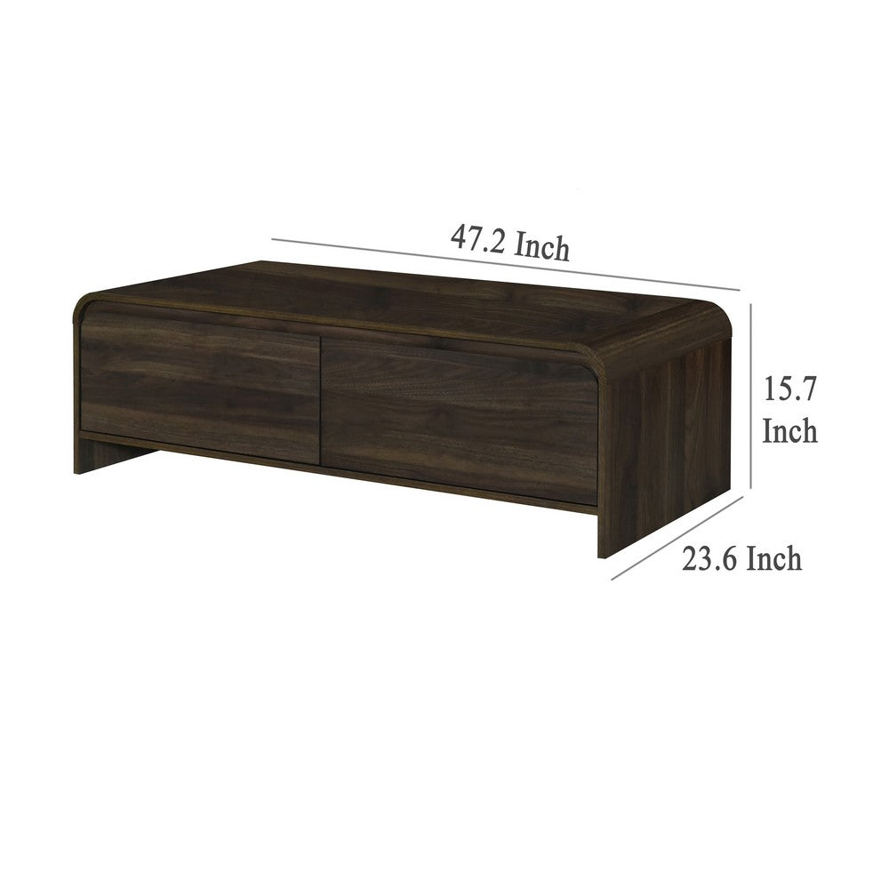 Benjara Maria Coffee Table, 2 Drawer And Waterfall Style, Brown Wood 47 Inch