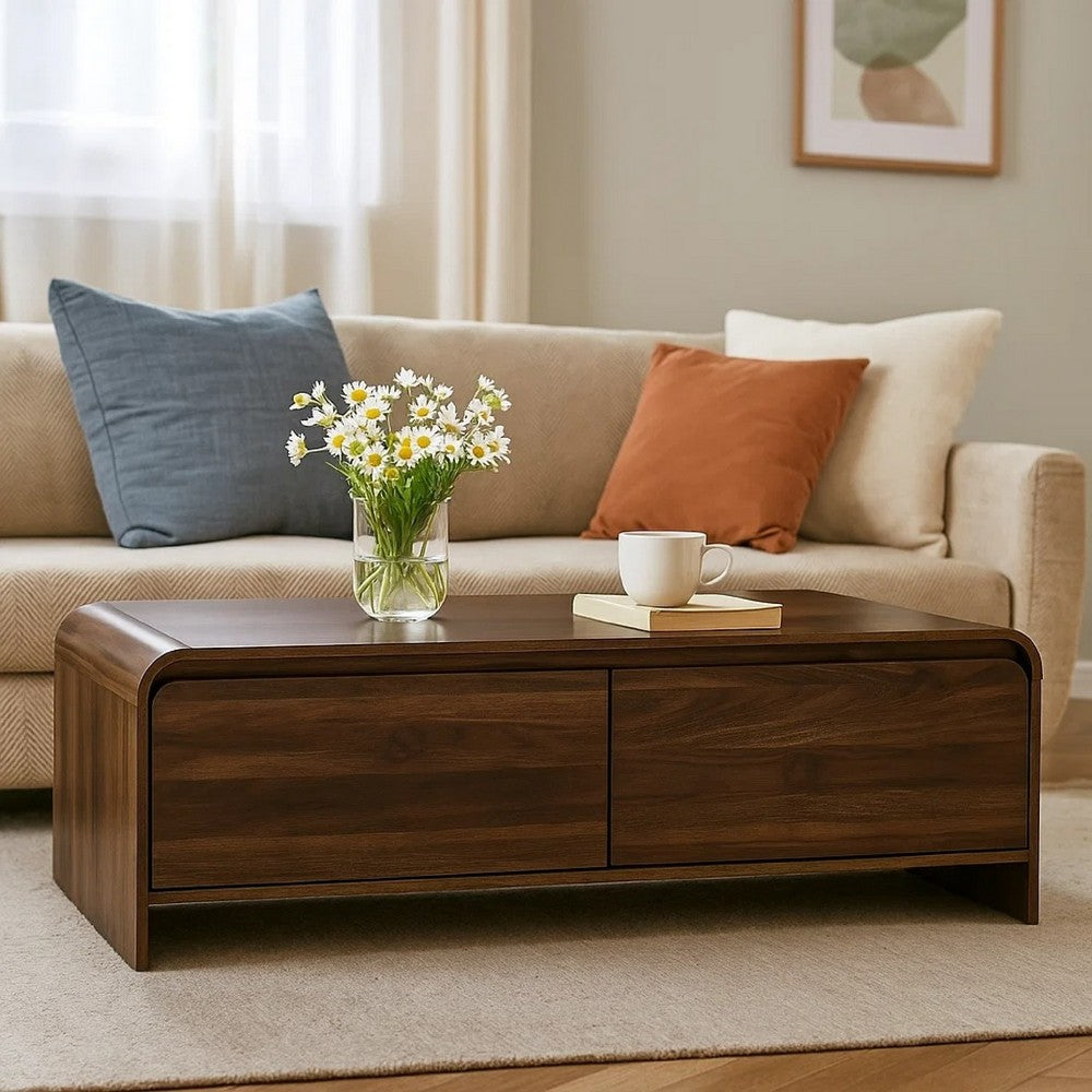 Benjara Maria Coffee Table, 2 Drawer And Waterfall Style, Brown Wood 47 Inch
