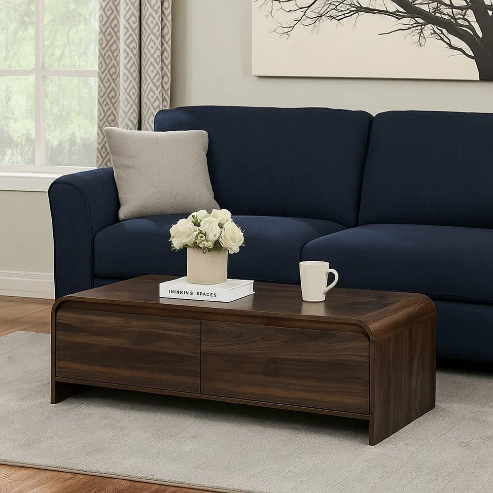 Benjara Maria Coffee Table, 2 Drawer And Waterfall Style, Brown Wood 47 Inch