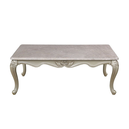 Benjara Kerra Cocktail Coffee Table, Beige Marble, Carved Champagne 54 Inch