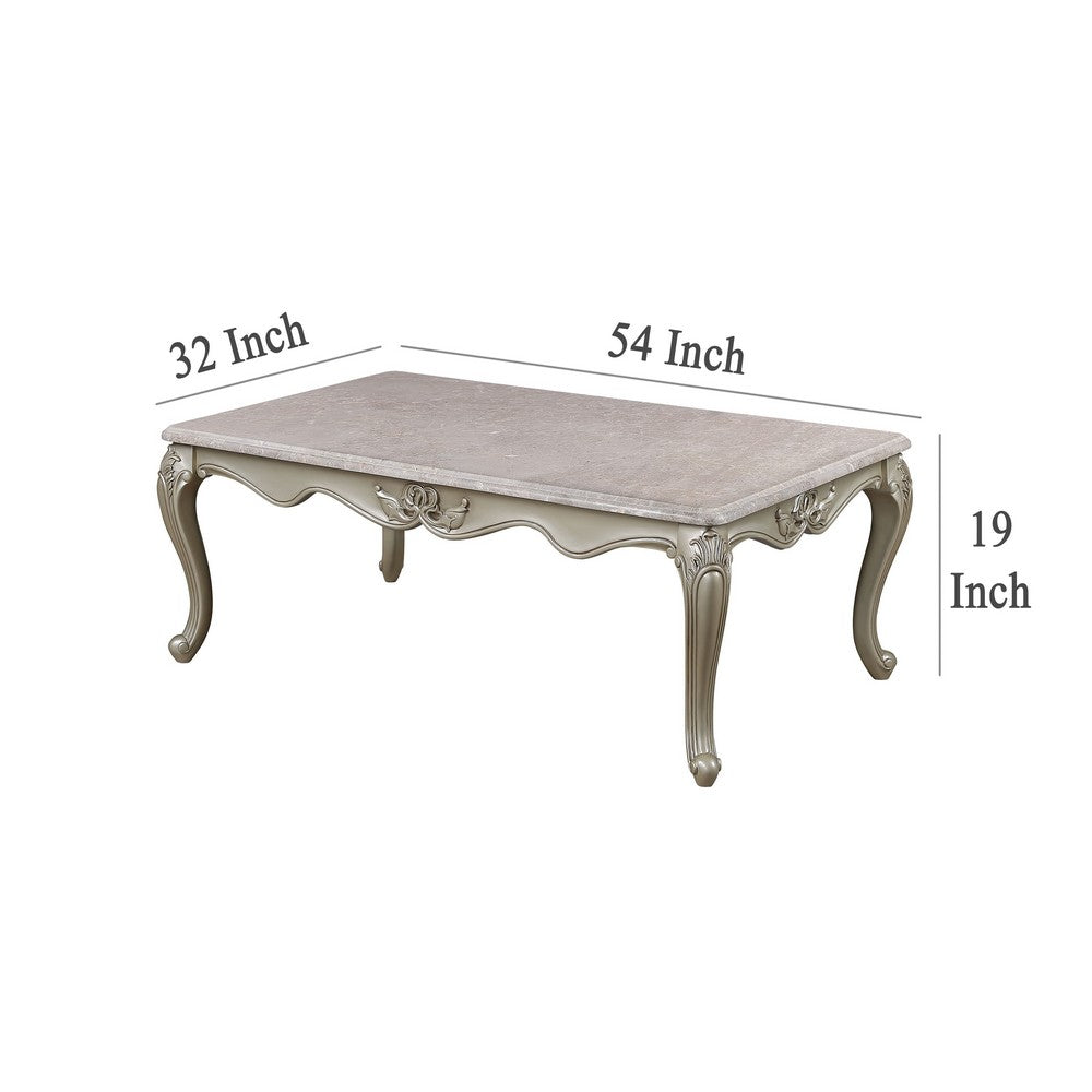 Benjara Kerra Cocktail Coffee Table, Beige Marble, Carved Champagne 54 Inch