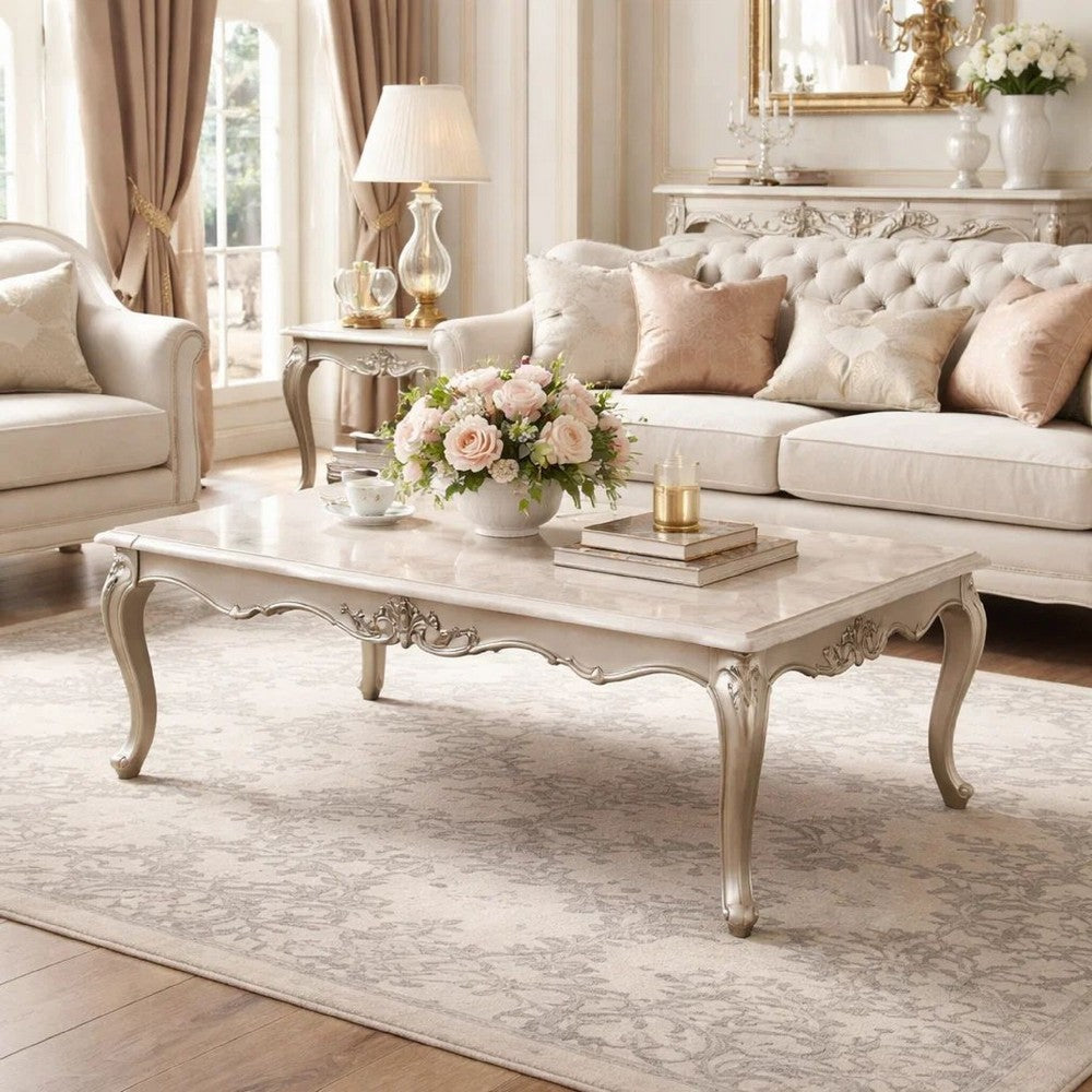 Benjara Kerra Cocktail Coffee Table, Beige Marble, Carved Champagne 54 Inch