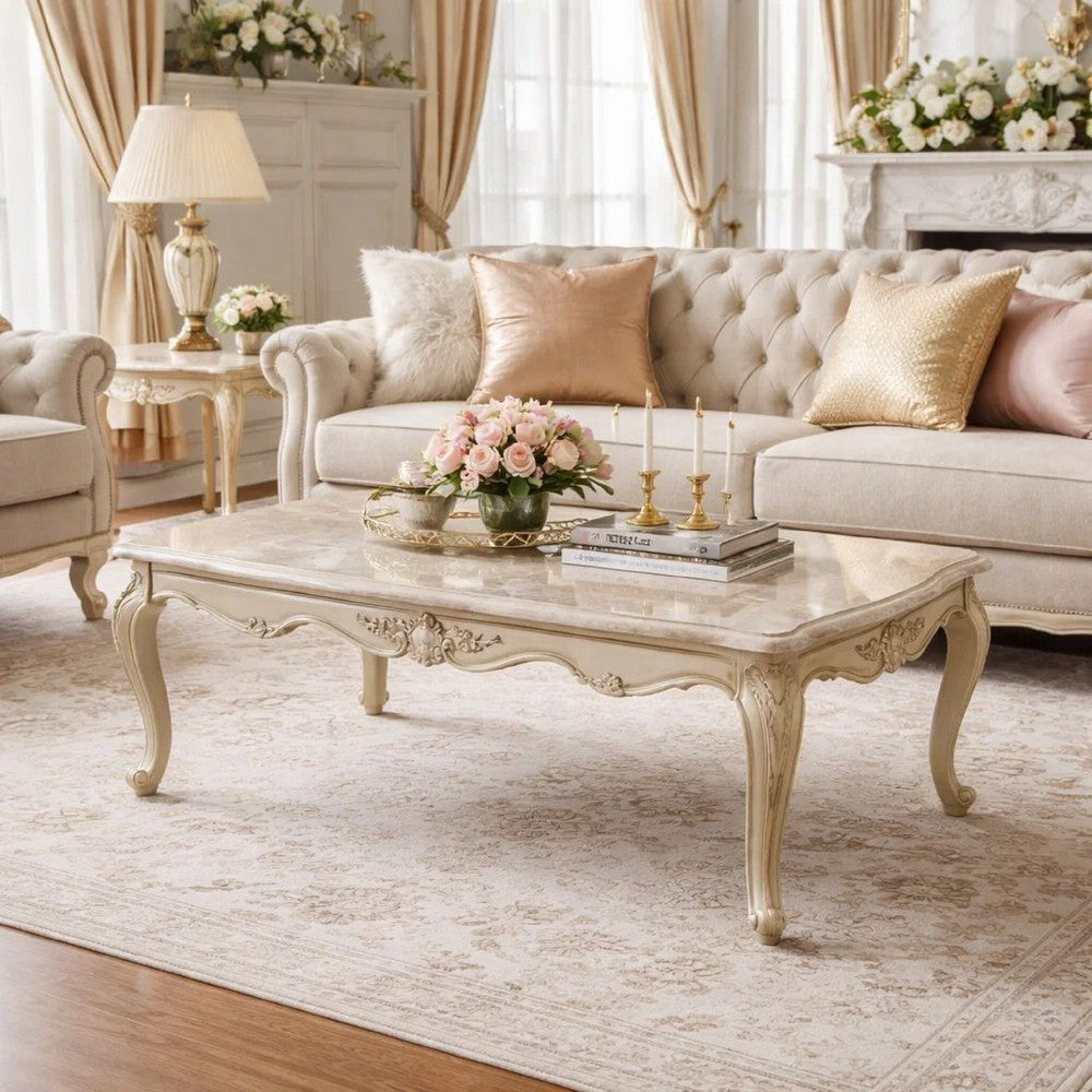 Benjara Kerra Cocktail Coffee Table, Beige Marble, Carved Champagne 54 Inch