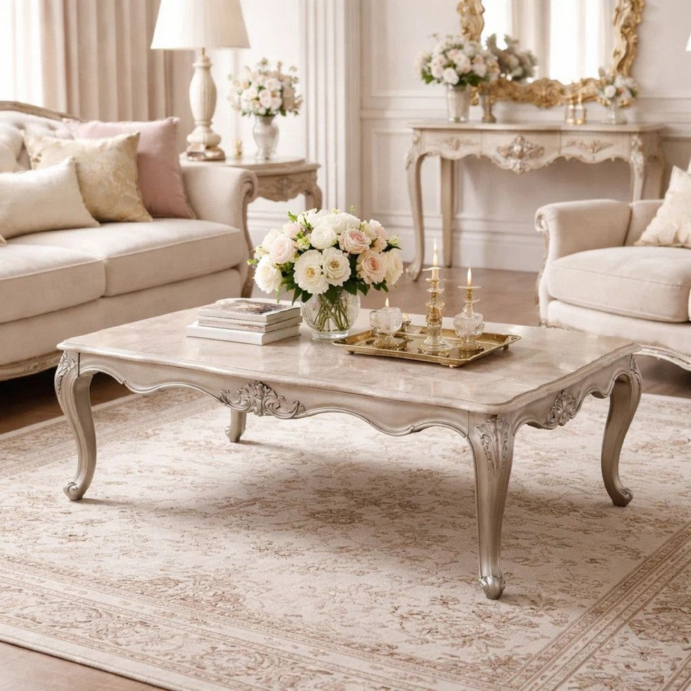 Benjara Kerra Cocktail Coffee Table, Beige Marble, Carved Champagne 54 Inch