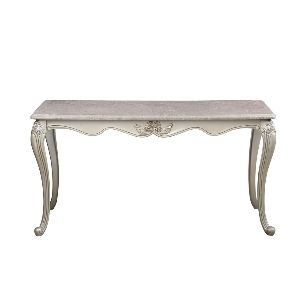 Benjara Kerra Console Table, Beige Marble, Classic Carved Champagne 58 Inch