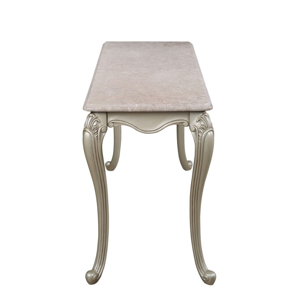 Benjara Kerra Console Table, Beige Marble, Classic Carved Champagne 58 Inch
