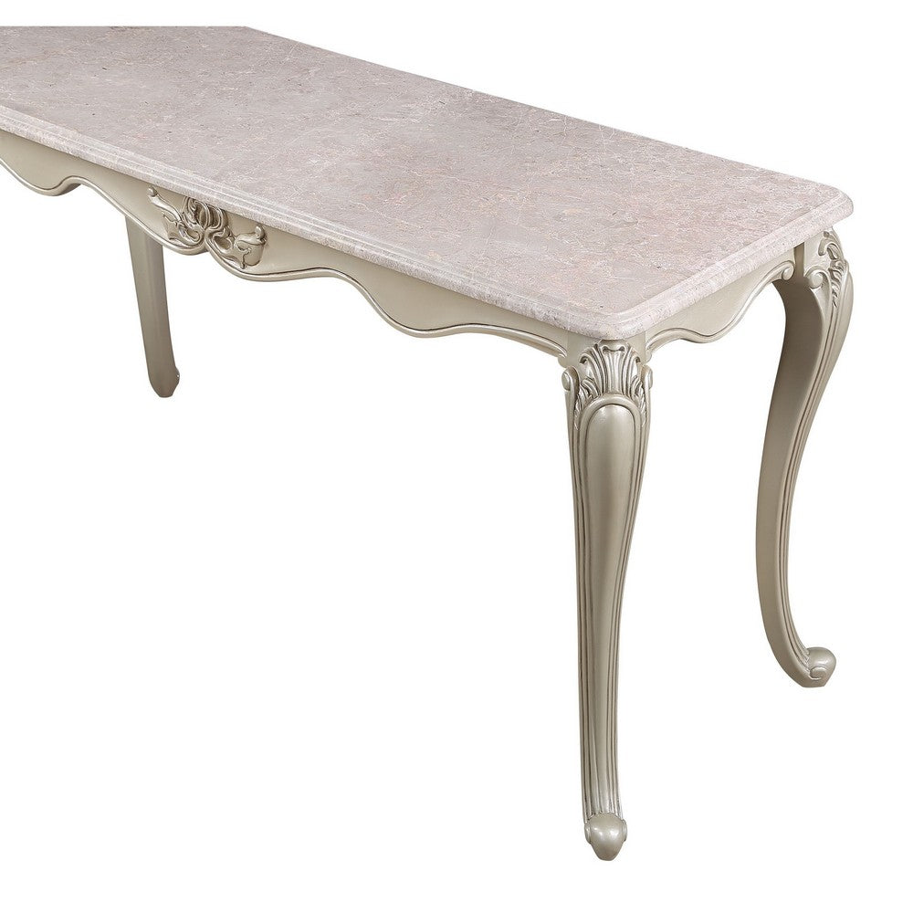 Benjara Kerra Console Table, Beige Marble, Classic Carved Champagne 58 Inch