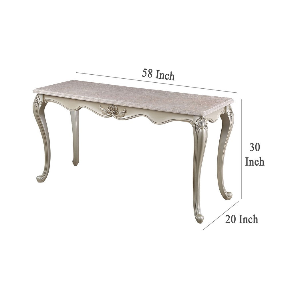 Benjara Kerra Console Table, Beige Marble, Classic Carved Champagne 58 Inch