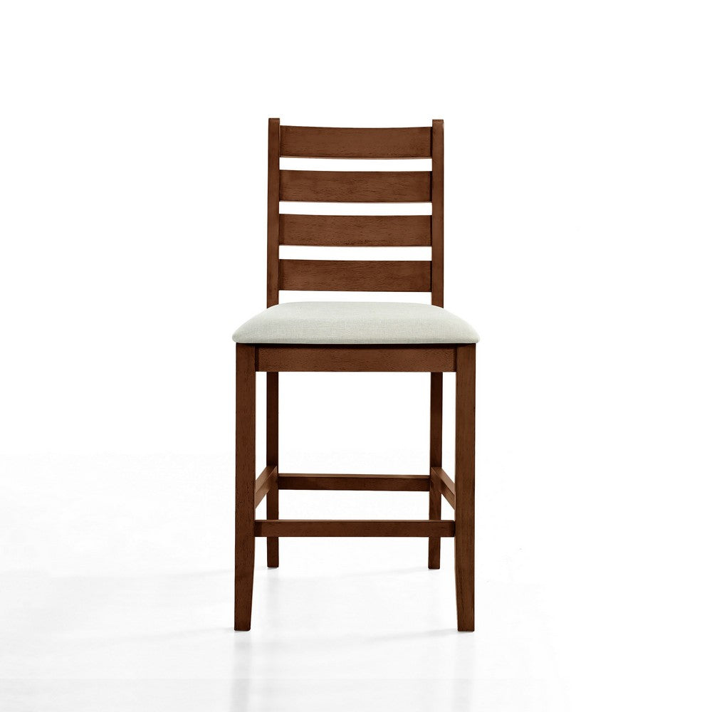 Benjara Accai Counter Height Chair Set of 2, Beige Polyester, Brown Rubberwood