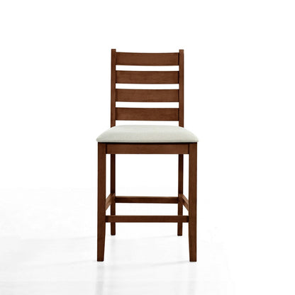 Benjara Accai Counter Height Chair Set of 2, Beige Polyester, Brown Rubberwood