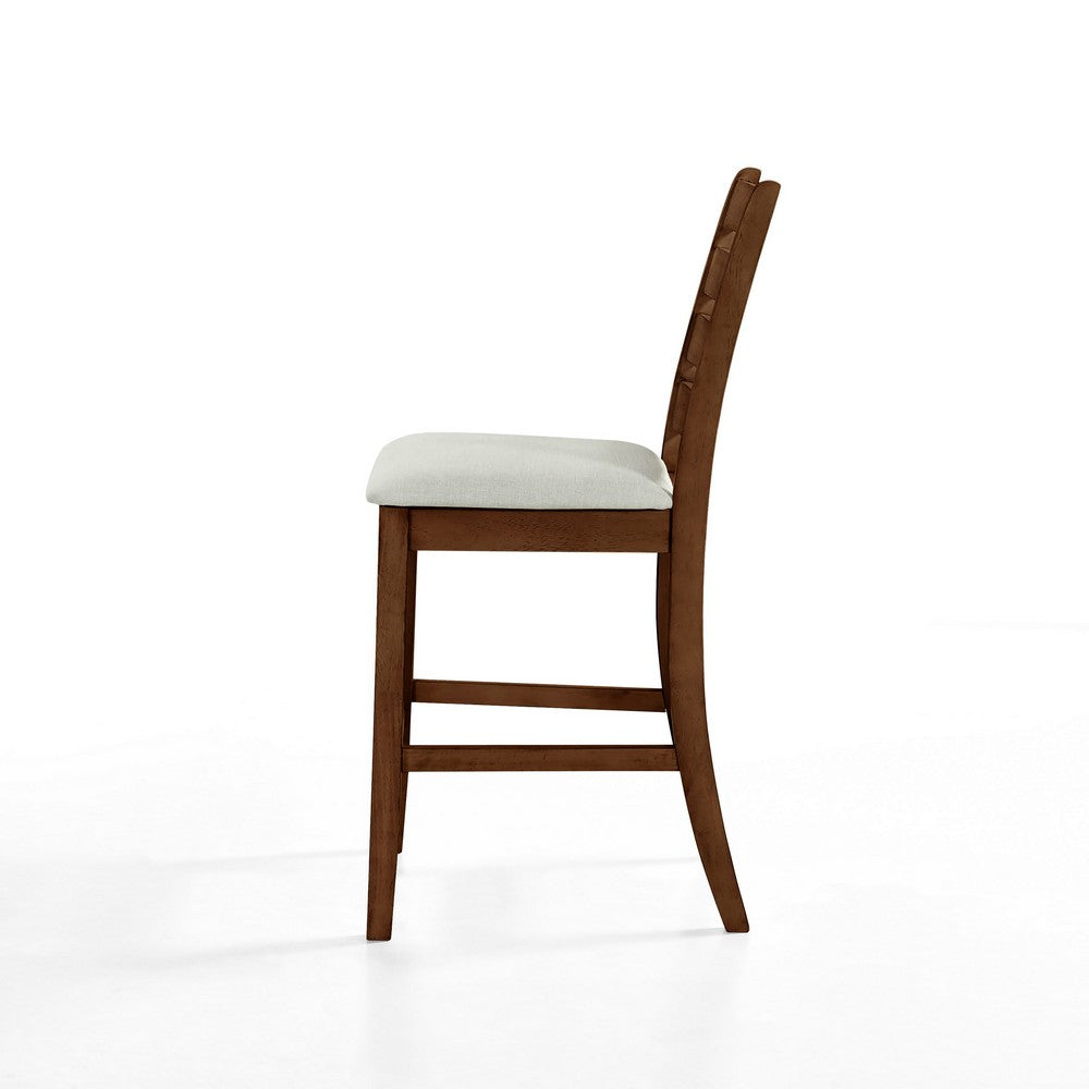 Benjara Accai Counter Height Chair Set of 2, Beige Polyester, Brown Rubberwood