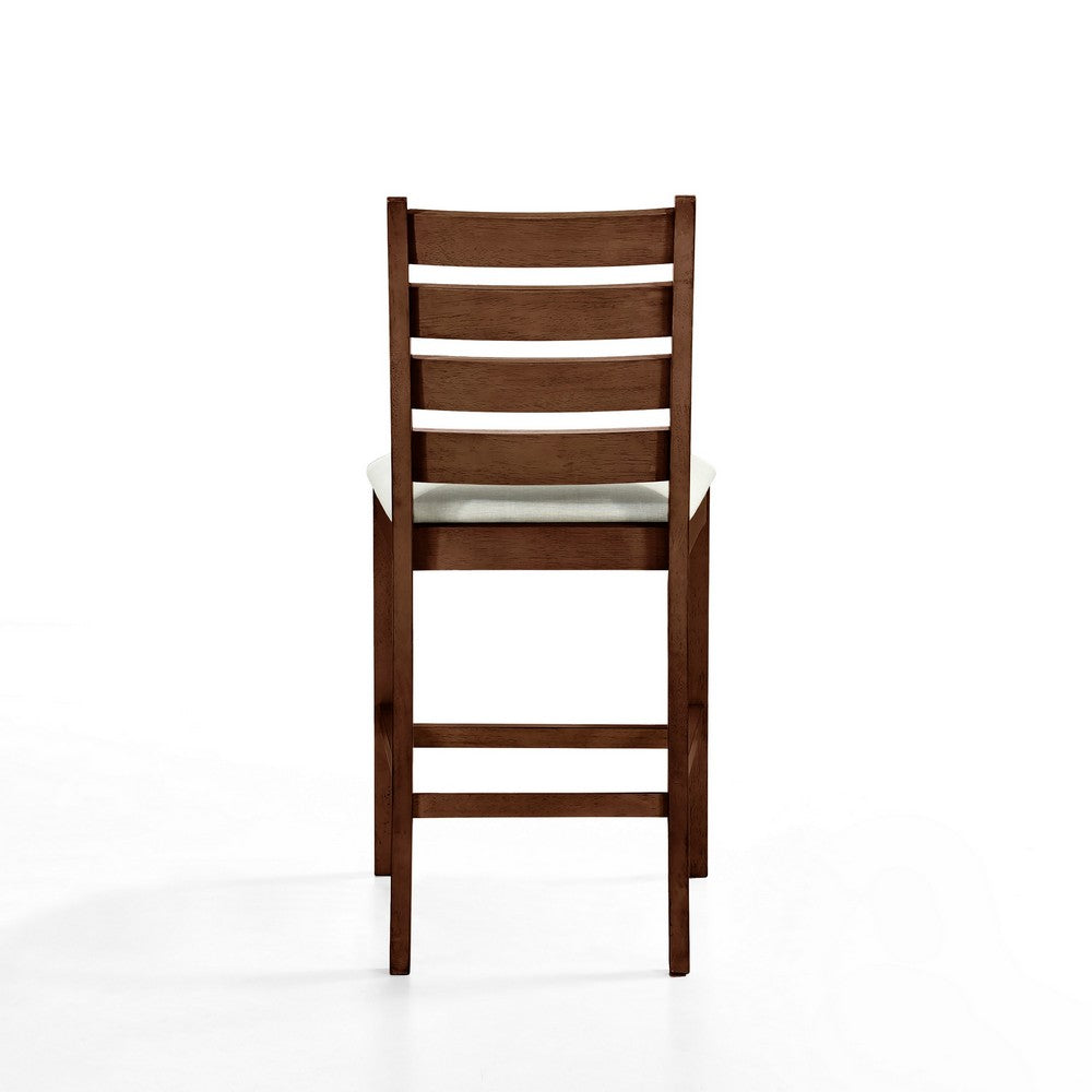 Benjara Accai Counter Height Chair Set of 2, Beige Polyester, Brown Rubberwood