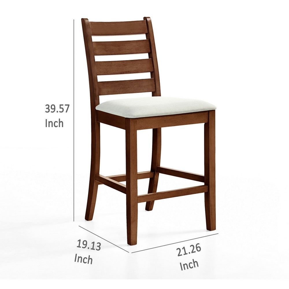 Benjara Accai Counter Height Chair Set of 2, Beige Polyester, Brown Rubberwood