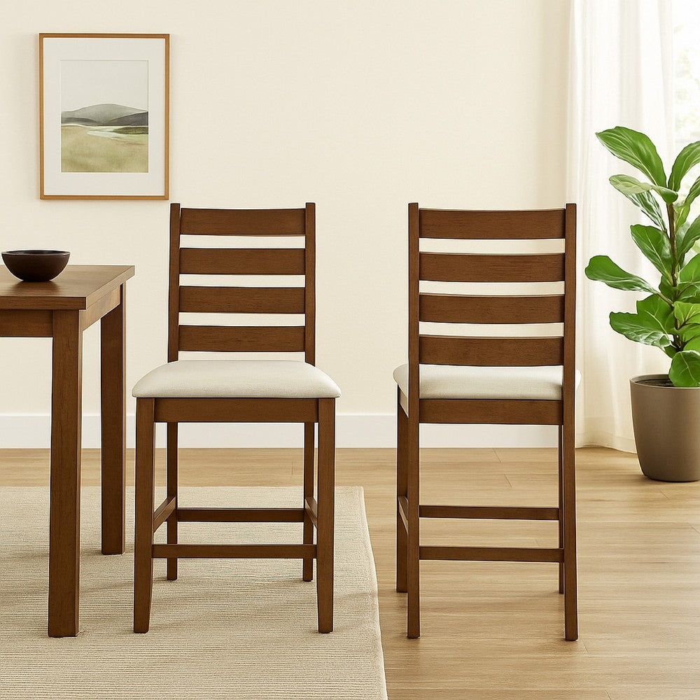 Benjara Accai Counter Height Chair Set of 2, Beige Polyester, Brown Rubberwood