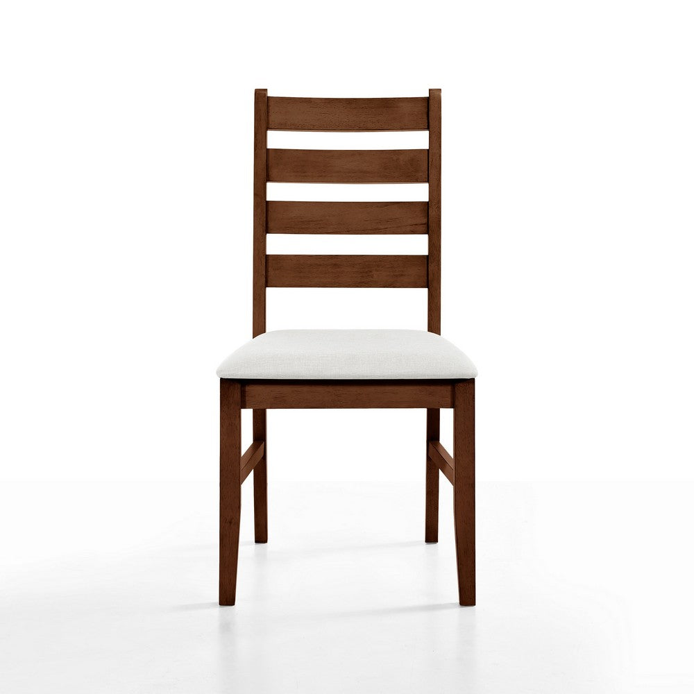 Benjara Accai Dining Chair Set of 2, Beige Polyester, Walnut Brown Rubberwood