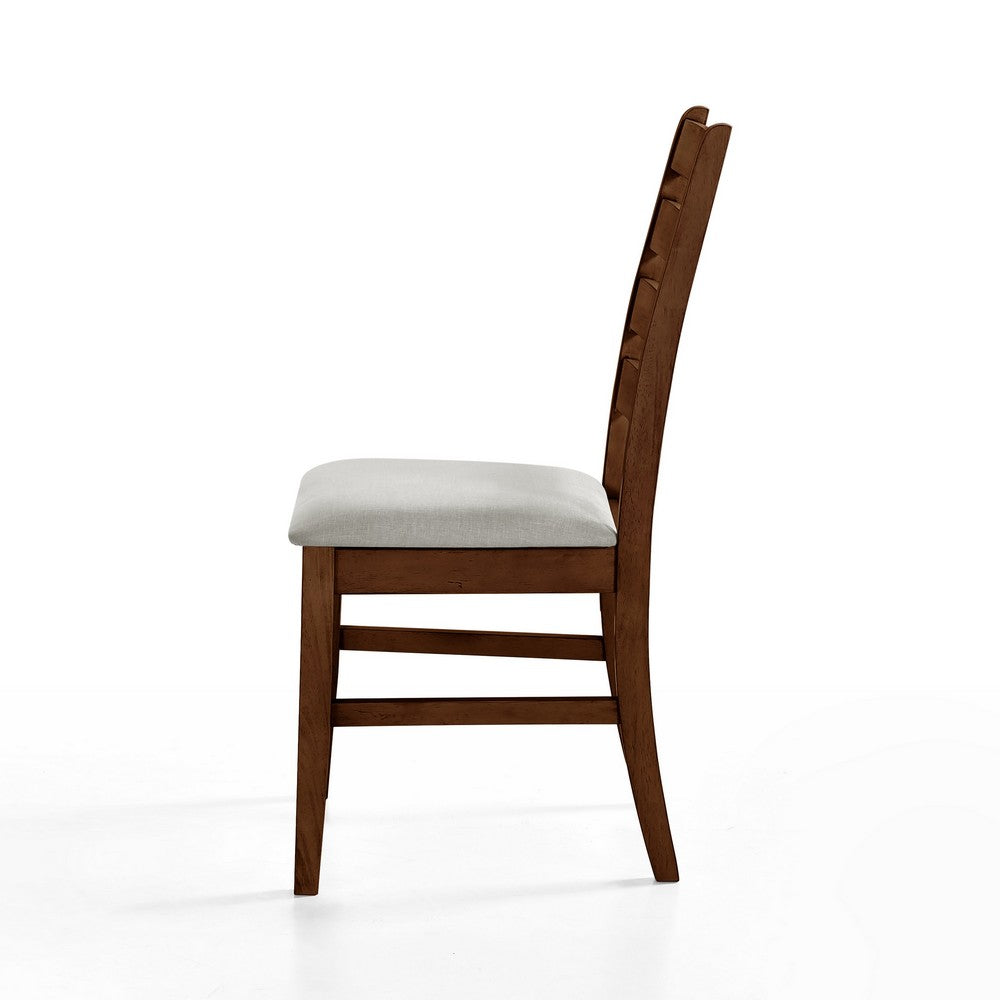 Benjara Accai Dining Chair Set of 2, Beige Polyester, Walnut Brown Rubberwood