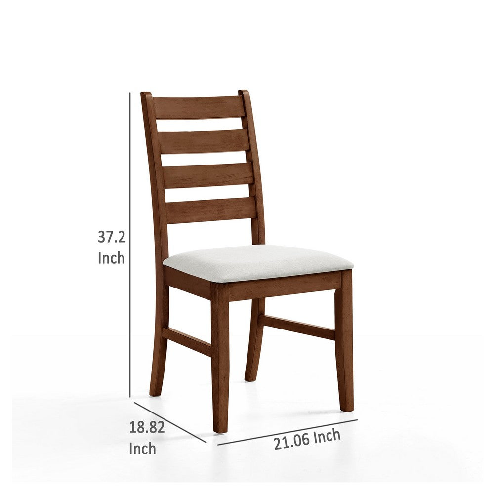 Benjara Accai Dining Chair Set of 2, Beige Polyester, Walnut Brown Rubberwood
