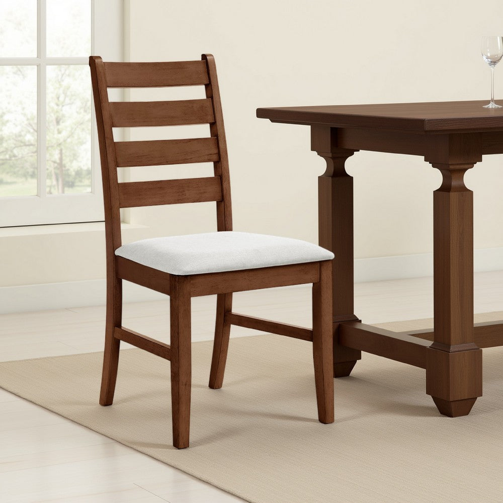 Benjara Accai Dining Chair Set of 2, Beige Polyester, Walnut Brown Rubberwood