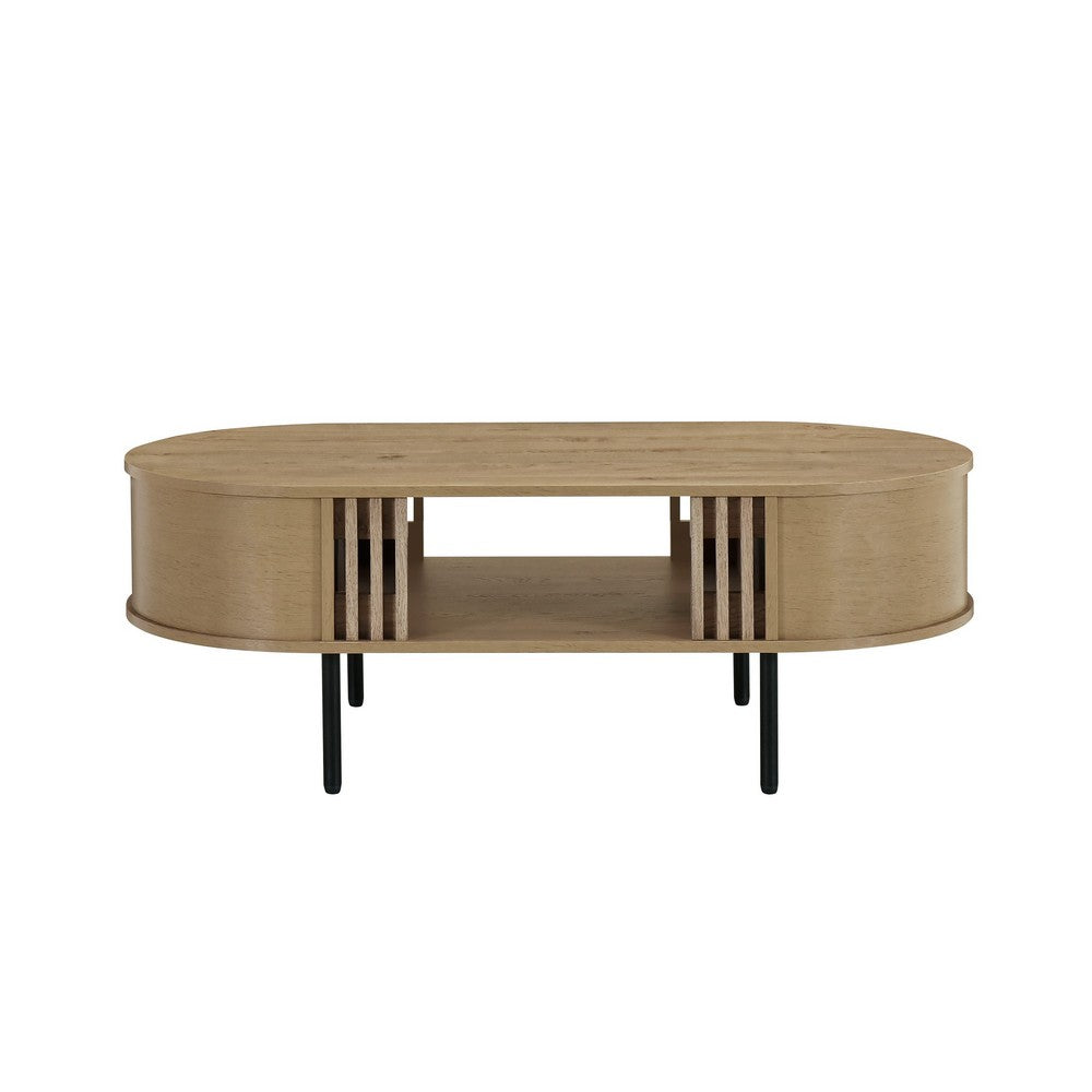 Benjara Brandon Cocktail Coffee Table with Inner Shelf, Oval Light Beige Wood