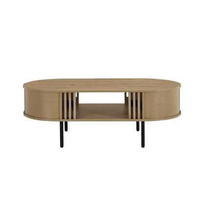 Benjara Brandon Cocktail Coffee Table with Inner Shelf, Oval Light Beige Wood