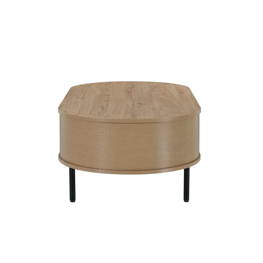 Benjara Brandon Cocktail Coffee Table with Inner Shelf, Oval Light Beige Wood