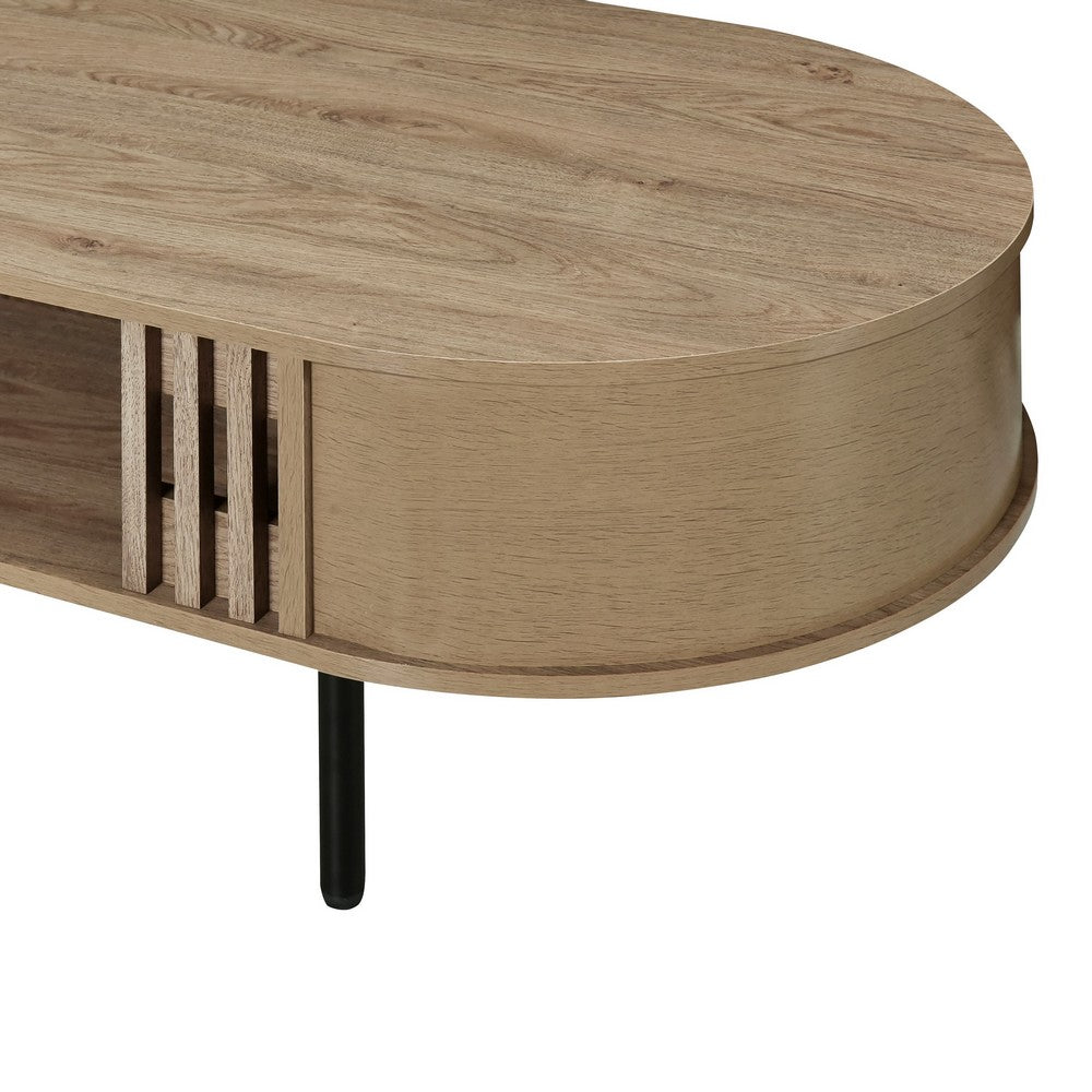 Benjara Brandon Cocktail Coffee Table with Inner Shelf, Oval Light Beige Wood