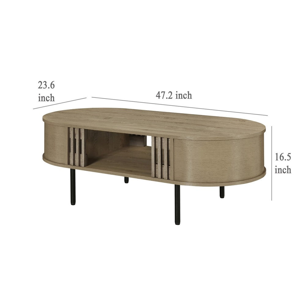 Benjara Brandon Cocktail Coffee Table with Inner Shelf, Oval Light Beige Wood
