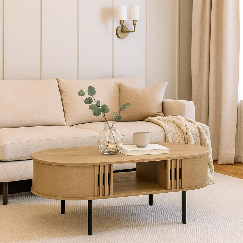 Benjara Brandon Cocktail Coffee Table with Inner Shelf, Oval Light Beige Wood
