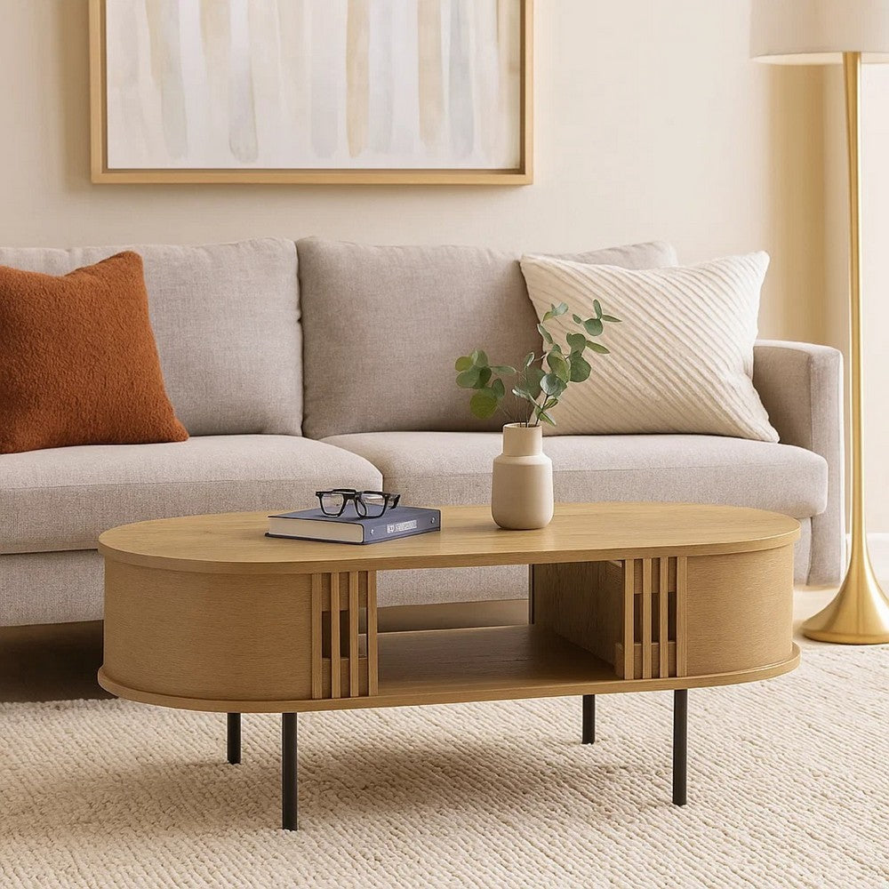 Benjara Brandon Cocktail Coffee Table with Inner Shelf, Oval Light Beige Wood