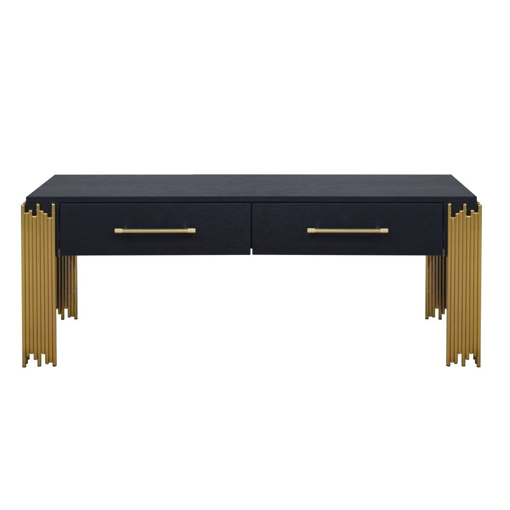 Benjara Theo Coffee Table, 2 Drawers, Gold Metal, Retro Black Wood 48 Inch