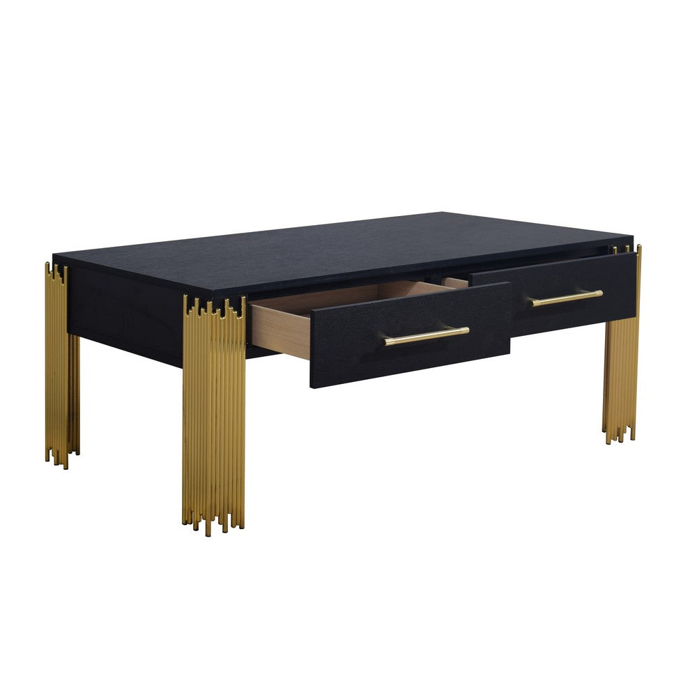 Benjara Theo Coffee Table, 2 Drawers, Gold Metal, Retro Black Wood 48 Inch