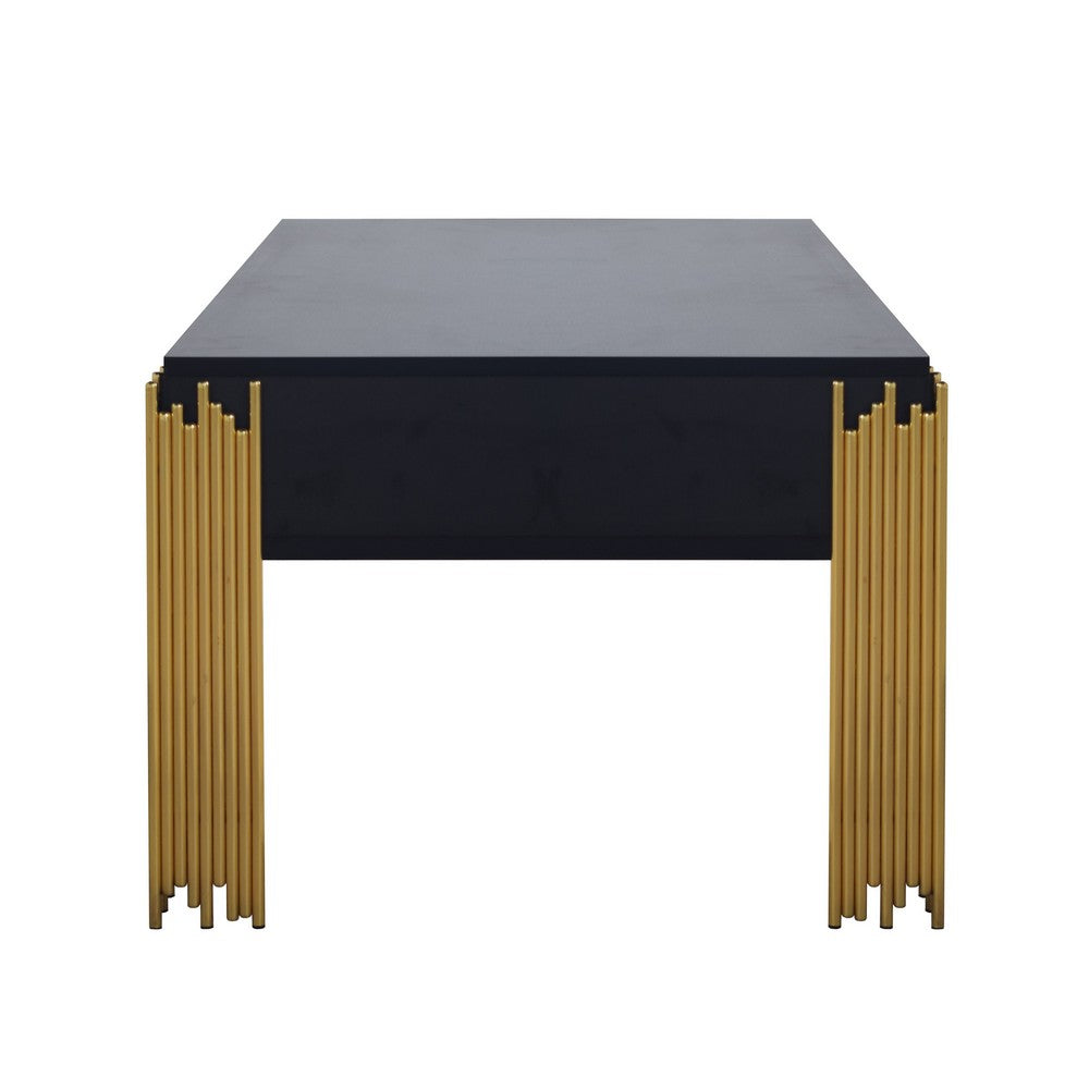 Benjara Theo Coffee Table, 2 Drawers, Gold Metal, Retro Black Wood 48 Inch