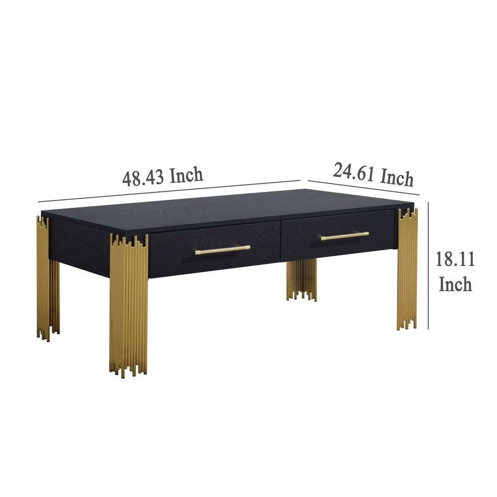 Benjara Theo Coffee Table, 2 Drawers, Gold Metal, Retro Black Wood 48 Inch
