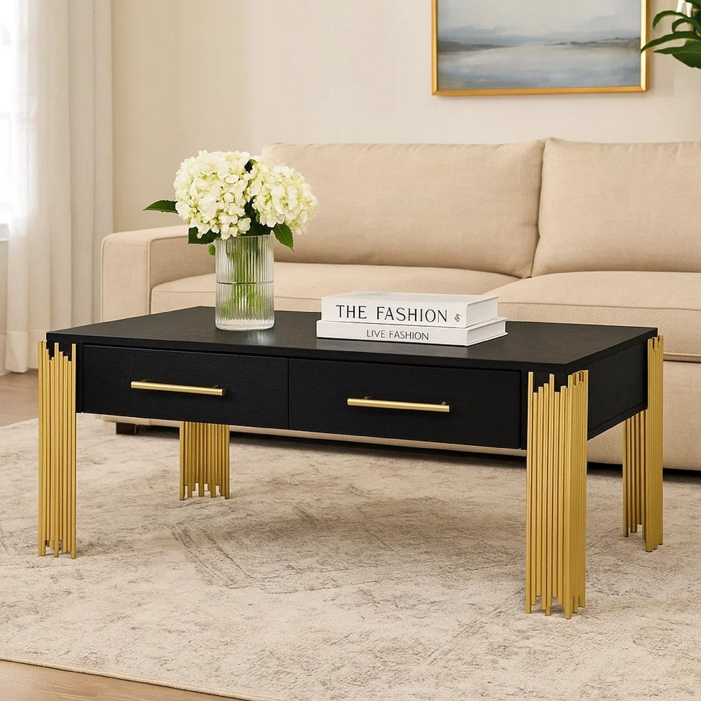 Benjara Theo Coffee Table, 2 Drawers, Gold Metal, Retro Black Wood 48 Inch