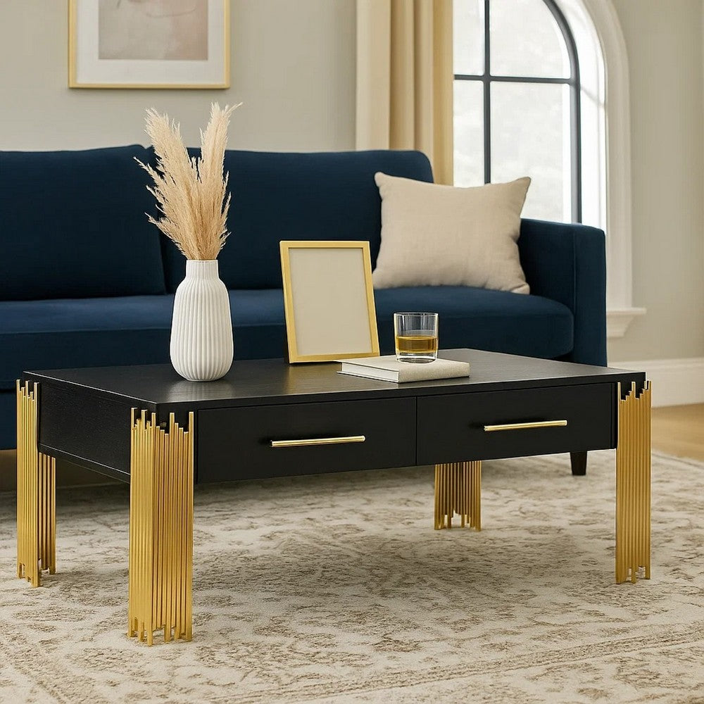 Benjara Theo Coffee Table, 2 Drawers, Gold Metal, Retro Black Wood 48 Inch