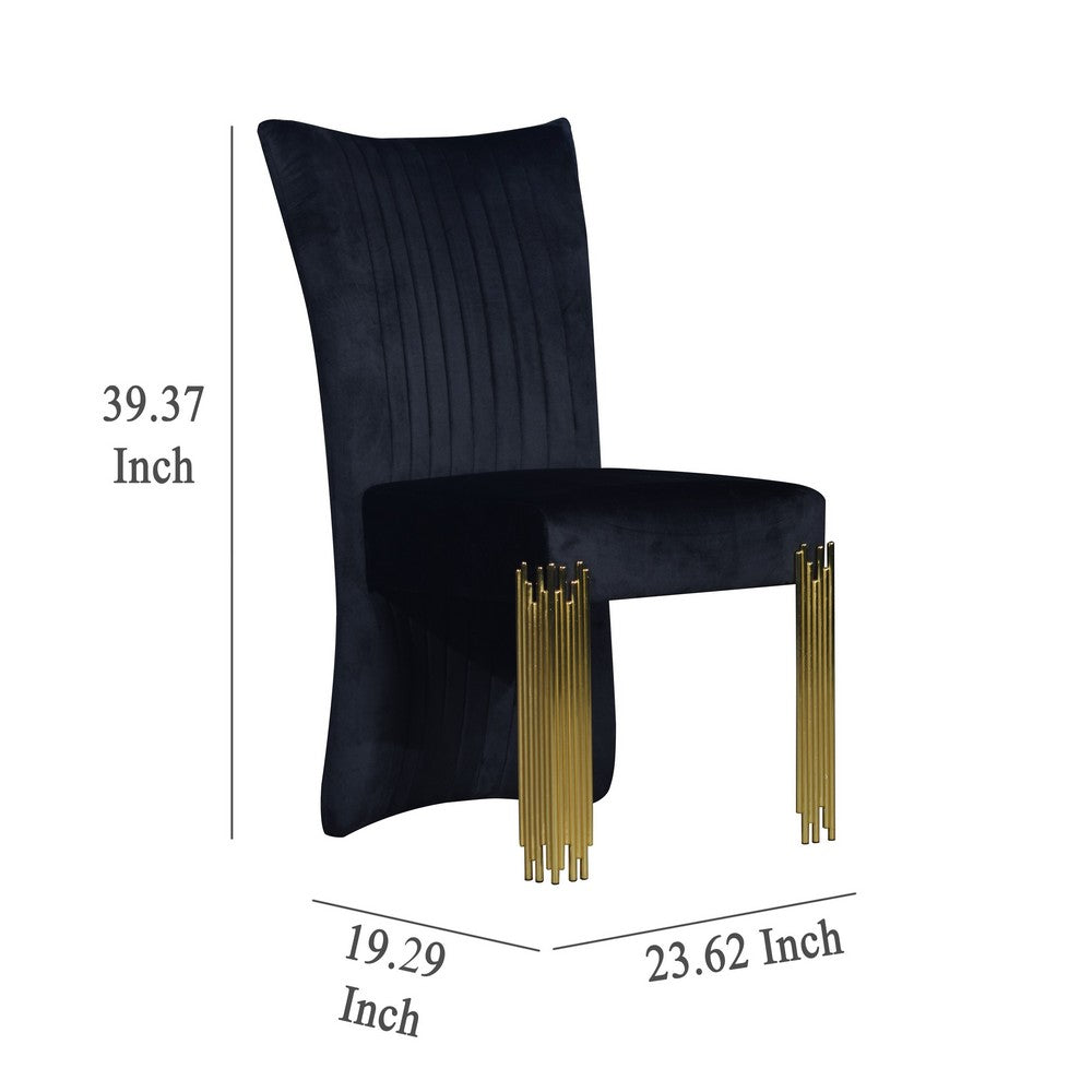 Benjara Theo Dining Chair Set of 2, Retro Midnight Black Velvet, Gold Metal