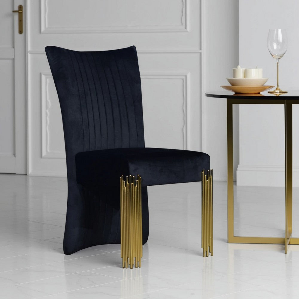 Benjara Theo Dining Chair Set of 2, Retro Midnight Black Velvet, Gold Metal