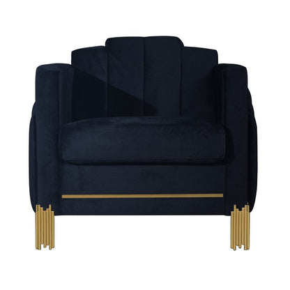 Benjara Theo Accent Chair, Black Velvet, Blue LED Lights, Gold Metal Legs