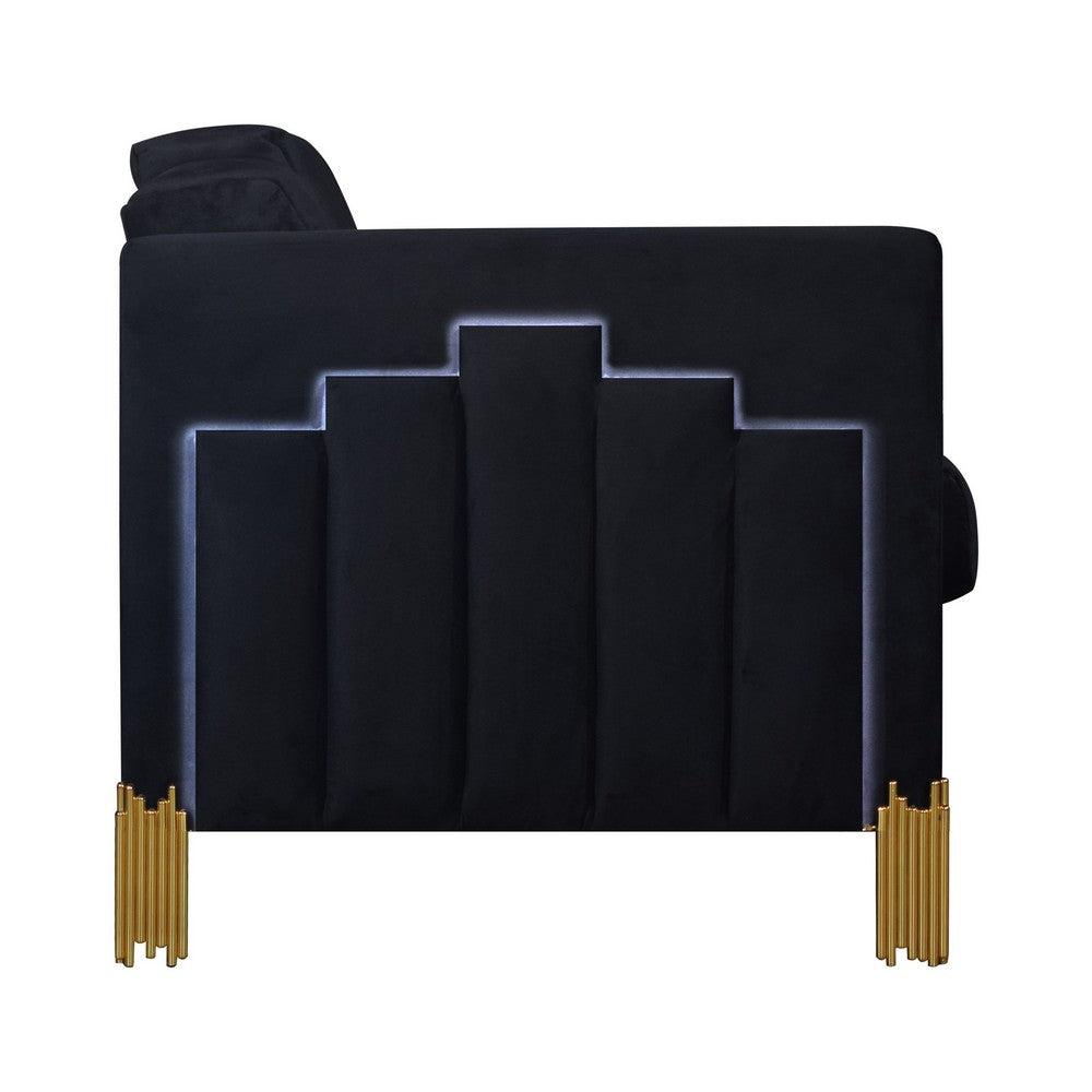 Benjara Theo Accent Chair, Black Velvet, Blue LED Lights, Gold Metal Legs