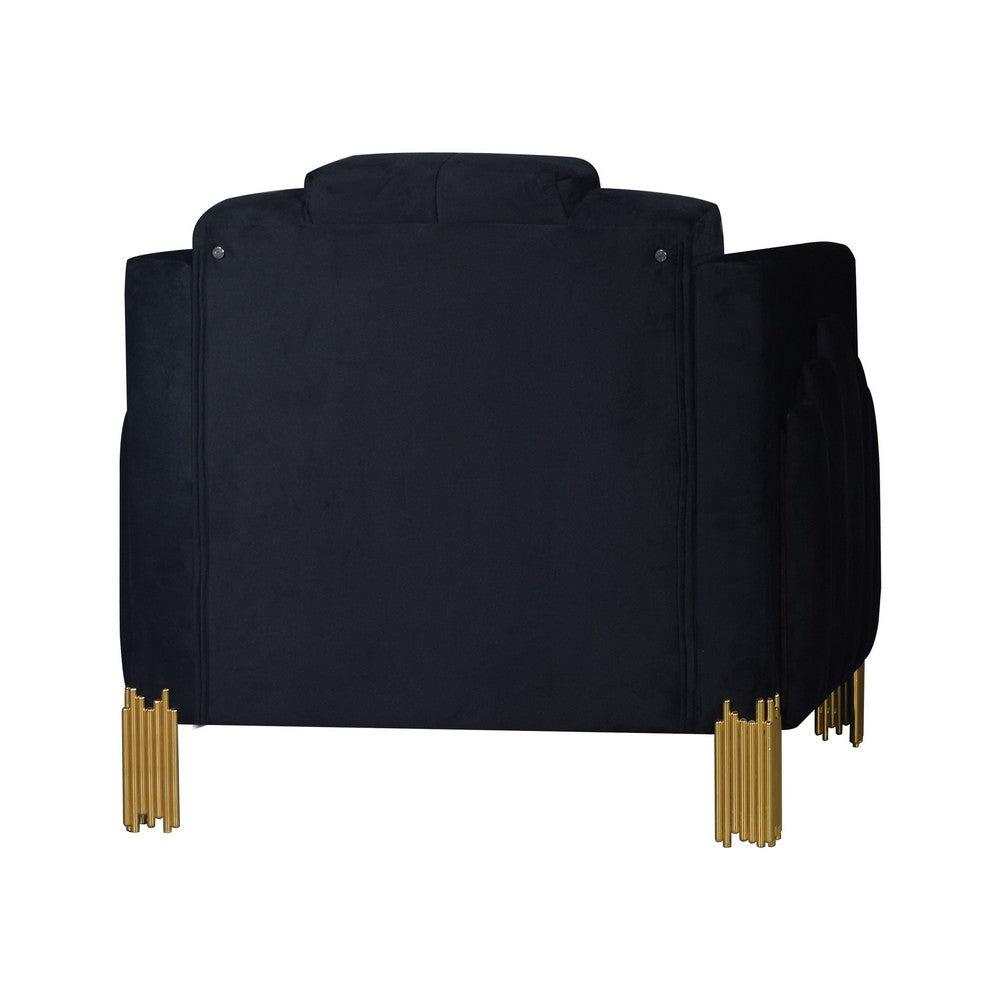 Benjara Theo Accent Chair, Black Velvet, Blue LED Lights, Gold Metal Legs