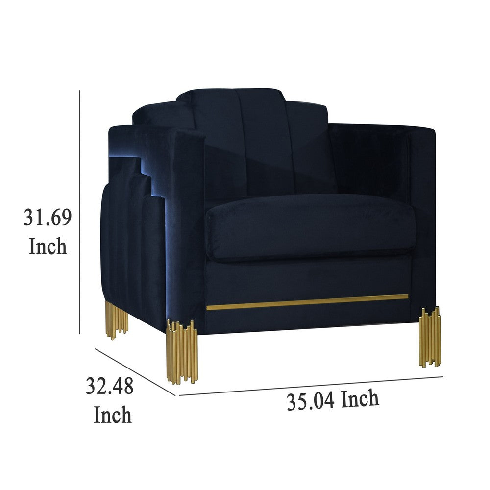 Benjara Theo Accent Chair, Black Velvet, Blue LED Lights, Gold Metal Legs