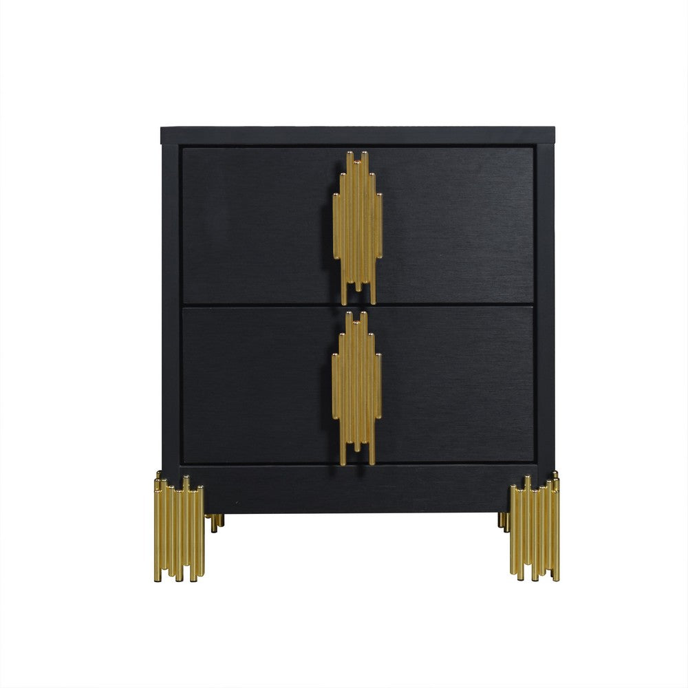 Benjara Theo Nightstand, 2 Drawers, Retro Gold Handles And Black Wood, 25 Inch