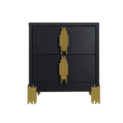 Benjara Theo Nightstand, 2 Drawers, Retro Gold Handles And Black Wood, 25 Inch