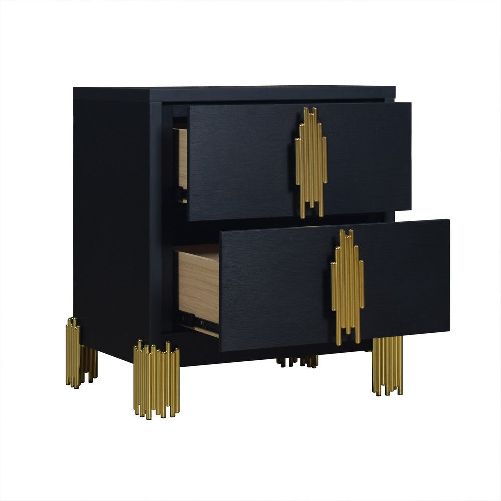 Benjara Theo Nightstand, 2 Drawers, Retro Gold Handles And Black Wood, 25 Inch