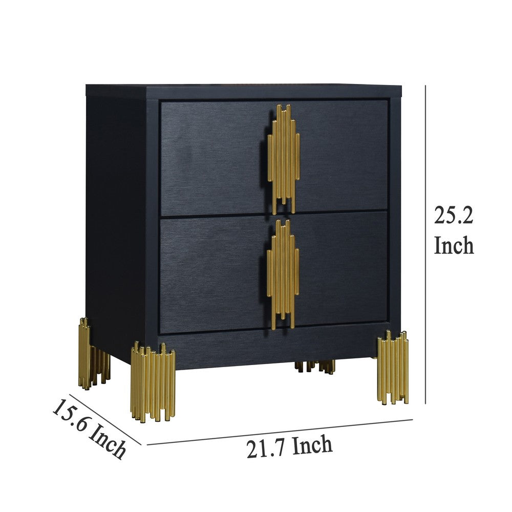 Benjara Theo Nightstand, 2 Drawers, Retro Gold Handles And Black Wood, 25 Inch
