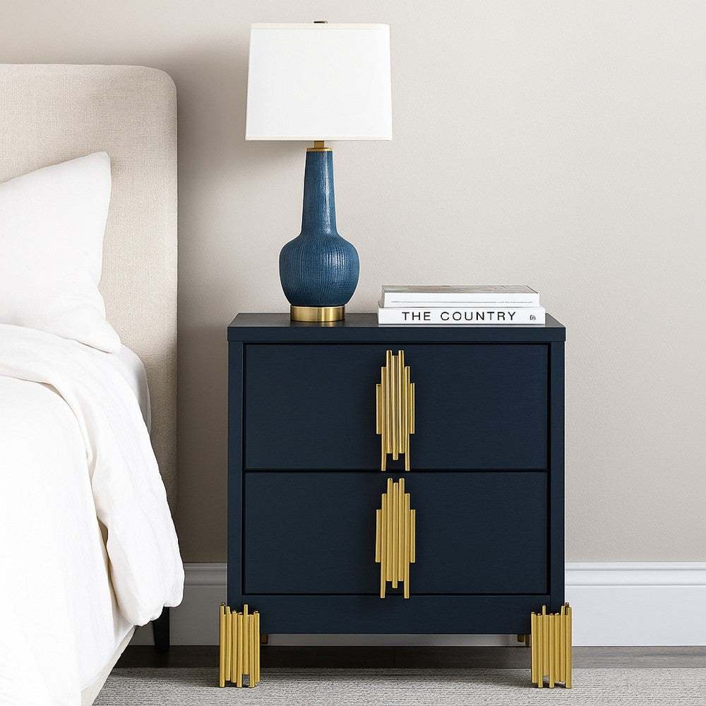 Benjara Theo Nightstand, 2 Drawers, Retro Gold Handles And Black Wood, 25 Inch